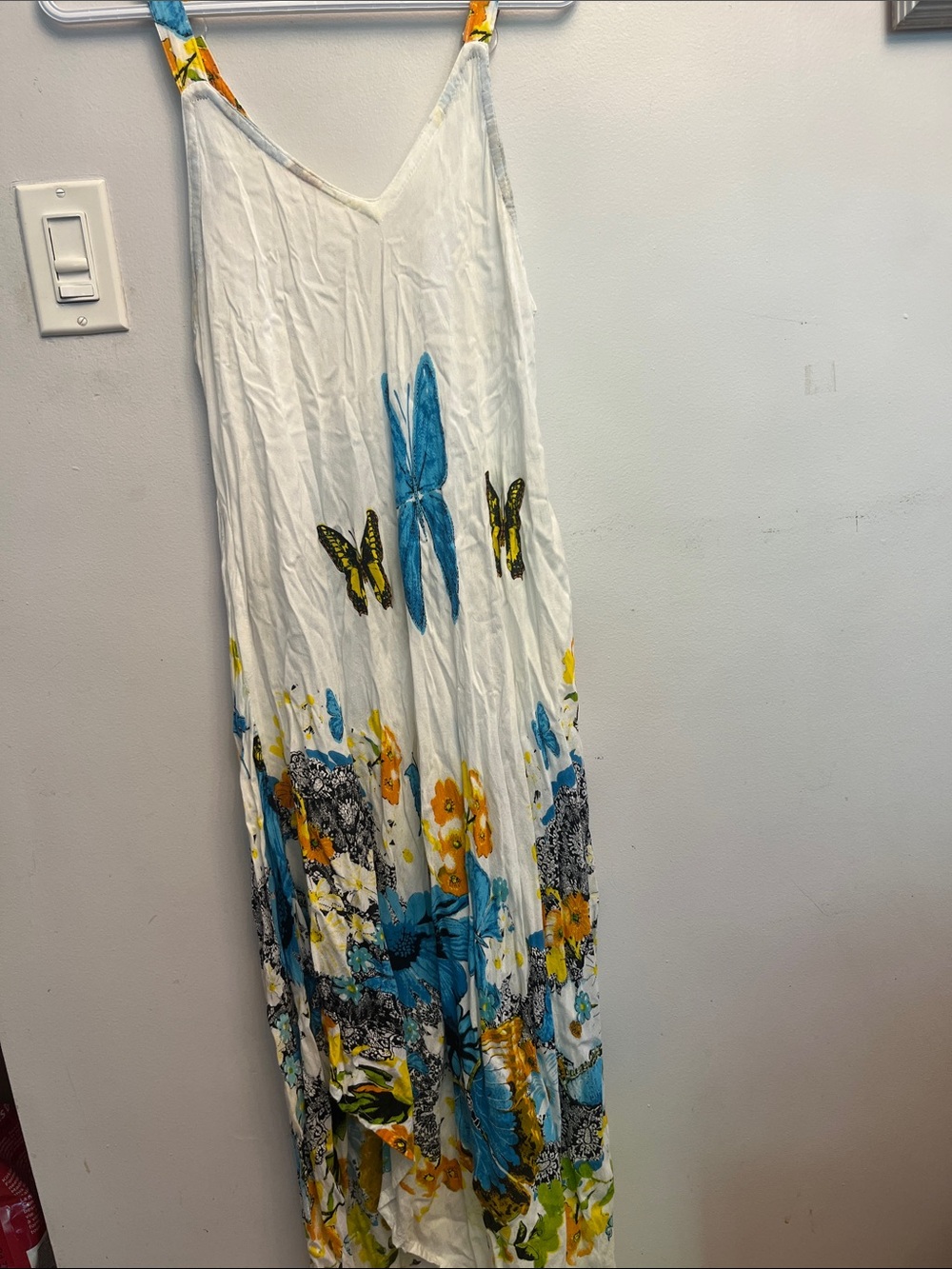 White Maxi Skirt with Blue & Yellow Floral and Butterfly Print